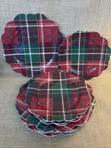 Tommy Bahama Melamine TARTAN CHRISTMAS Scalloped (4) Salad (4) Dinner Plate SET - Picture 1 of 5