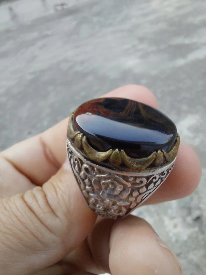Anillo Sufí Vintage Yemení MARRÓN AQEEQ Grabado Kabadi Akik Ágata Plata Hombres Mujeres Foto 1 de 4