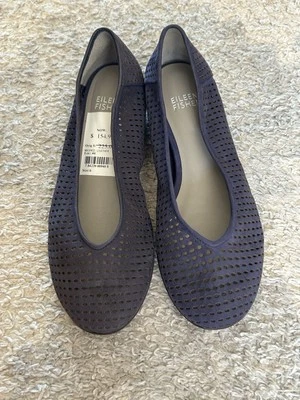 EILEEN FISHER Azul Marino Cuero Lavado Perforado Punta Redonda Ballet Pisos Talla 6 Foto 1 de 4