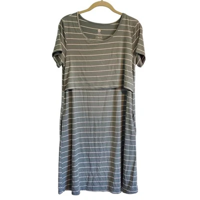 Kindred Bravely Sage Green White Striped Maternity Nursing Dress Size Medium - Image 1 of 4