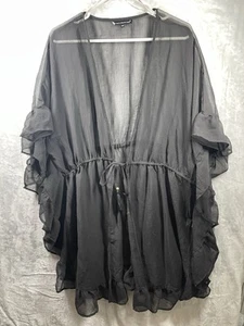 Sz 2X Club Z Collection Black Ruffle Cover up Tie Front Sheer TopTassel Corpcore - Picture 1 of 13