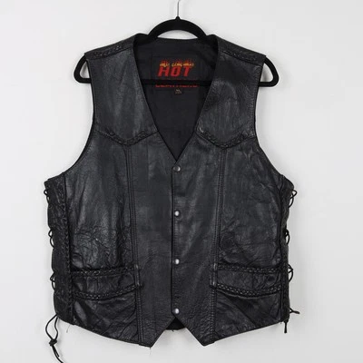 Vintage 90s Black Hot Leathers Laced Up Vest Moto Motorcycle Biker Bike Size XL - Image 1 of 4
