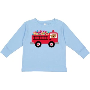 Inktastic Valentine Fire Truck Heart Bear Toddler Long Sleeve T-Shirt Babys 1st - Picture 1 of 8