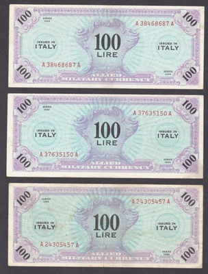 [VF-XF 3 Notes, No Tears or Holes] 1943 Italy AMC 100 Lire P-M15a [008-1] - Image 1 of 2