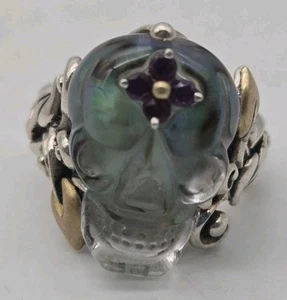 Anello Barbara Bixby Sterling & Quarzo 18k Teschio Intagliato Abalone Rodolite Taglia 6 - Foto 1 di 5