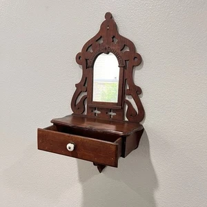 Hand Carved Arched Wood Curio Cabinet w Mirror Shelf Storage Vintage - Picture 1 of 11