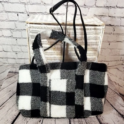 K Carroll Allover Sherpa Mid-Sized Tote White & Black Checkerboard Chic City - Image 1 of 4