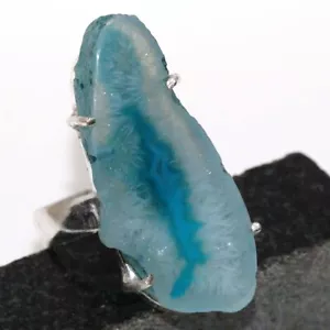 925 Silver Plated Aqua Blue Agate Geode Slice Ring Jewelry Size US 6 JW - Picture 1 of 3