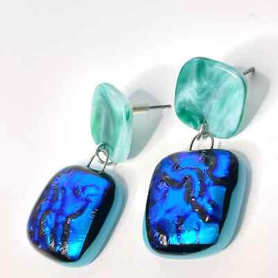Pendientes redondos colgantes de cristal de Murano dicroico azul plata núcleo de sirena galaxia Foto 1 de 4