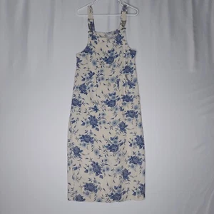 Vestido Jersey Dennis Goldsmith Lino 6P Azul Crema Floral Imperio Bolsillo Midi Años 90 - Imagen 1 de 12