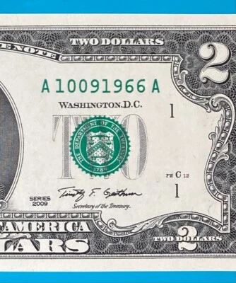October 9, 1966 / 10 September 1966 : A 10091966 A BIRTHDAY $2 Two Dollar Bill - Image 1 of 3