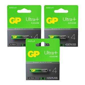12 GP Ultra+ Alkaline AAA Batteries G-Tech LR03 1.5V No Mercury 4BL Exp 2033