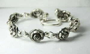 Rose Bracelet Silver Rhodium Hook Clasp Roses Pewter Charms 7" inch Flower - Picture 1 of 6