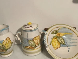 Extra Large TUSCAN LEMONS WATERCOLORS CERAMIC SET COOKIE JAR+PITCHER+BOWL DECOR - Picture 1 of 12