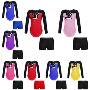 Kids Girls Figure Skating Costume Color Block Bodysuit With Shorts Yoga Shiny - Picture 1 of 94