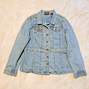 Axcess Jean Jacket Womens XL Liz Claiborne Stretch Denim Pockets Button Up Blue - Picture 1 of 17