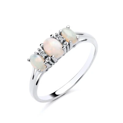 Sterling Silver 925 Natural Opal & Diamond Three Stone Trilogy Ring size J to V - Image 1 of 4