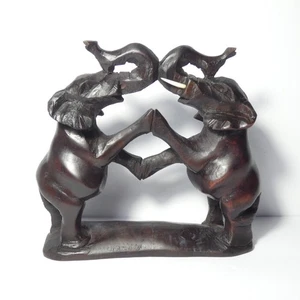 Raro par de estatuillas de elefantes manchados de madera tallados a mano bailando en base de 6" de alto - Imagen 1 de 18