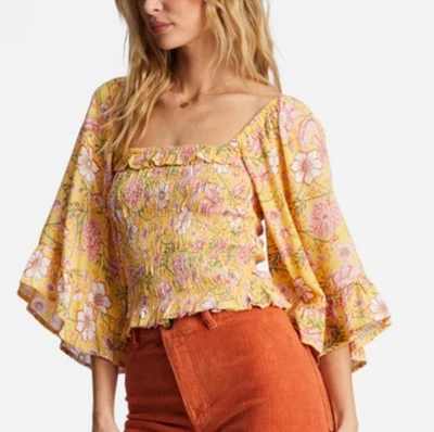 BILLABONG Be My Babe Crop Top Sz M Yellow Floral Bell Sleeve Square Neck Ruffled - Image 1 of 4