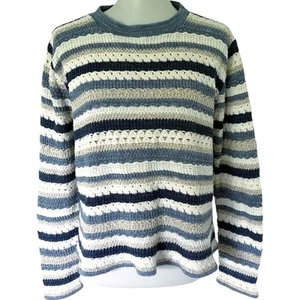 Vintage Striped Eyelet Sweater Coastal Cowgirl Blue Tan White Eyelet Size L USA - Picture 1 of 19