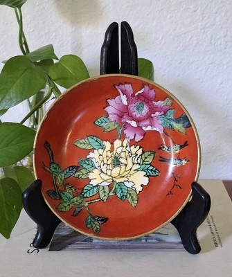 Vintage Chinese Brass Encased Bowl Wall Hanging Hand Painted Blossom Bird  - Image 1 of 4