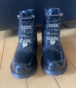 KARL LAGERFELD PARIS Topanga Embellished Rain Combat Boots Size 6 Black Patent - Picture 1 of 4