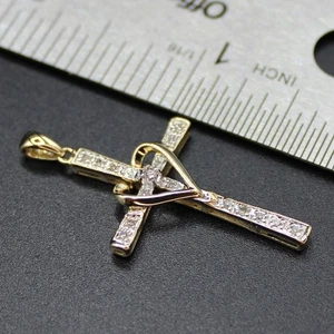 14k massiver natürlicher Diamant Kruzifix Kreuz Herz Anhänger Charm religiöse Halskette - Bild 1 von 16