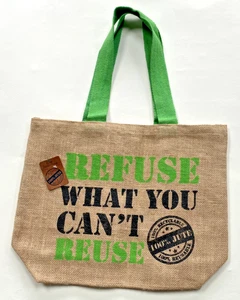 Wiederverwendbare Einkaufstaschen 100 % Jute umweltfreundlich Tragetasche bedruckte Zitate grüne Griffe - Bild 1 von 4