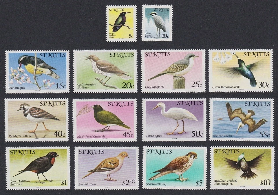 St. Kitts Birds 14v without Imprint date MNH Sc#49-66 SG#55A-70A — 第 1/1 张图片