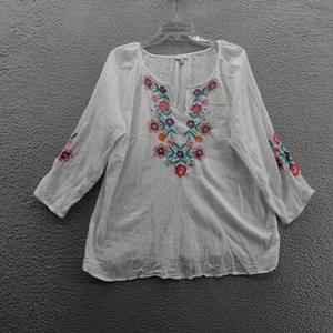 Talbots Cotton Gauze Embroidered Peasant Top 1X White Multi Womens Beach Coastal - Picture 1 of 11