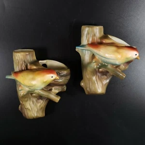 Vintage Czech Bird On Nest Ceramic Double Vase Wall Pockets Set - Bild 1 von 15