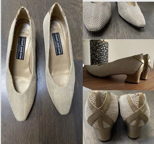 Stuart Weitzman Pumps Woven Metallic Gold Beige Pointy 9 AA - Picture 1 of 10