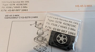 SBS Stihl HS45 2-Mix Heckenschere Vergaser Service Kit C1Q-S278. Stihl: 4140 007 1061