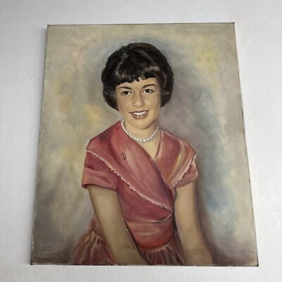 Vintage Painting Signed Origin Folk Art Woman Portrait Red Dress Pearls 1965 - Image 1 of 4
