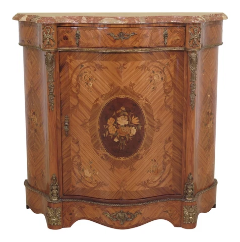 47347EC: Italian Marble Top Inlaid Commode w. Bronze Trim Cover