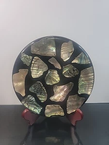 Vintage Handmad 8" Round Lucite Trivet w/ Abalone Seashells Inside Black & Clear - Picture 1 of 7