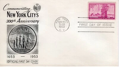 1953 FDC 300th Anniversary New York City New York  Stamps Fleetwood ST3456 - Image 1 of 3