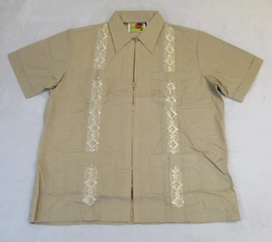 Haband Guayabera Shirt Mens sz L Zip Casual Beach Embroidered Tan 4 Pockets - Picture 1 of 13