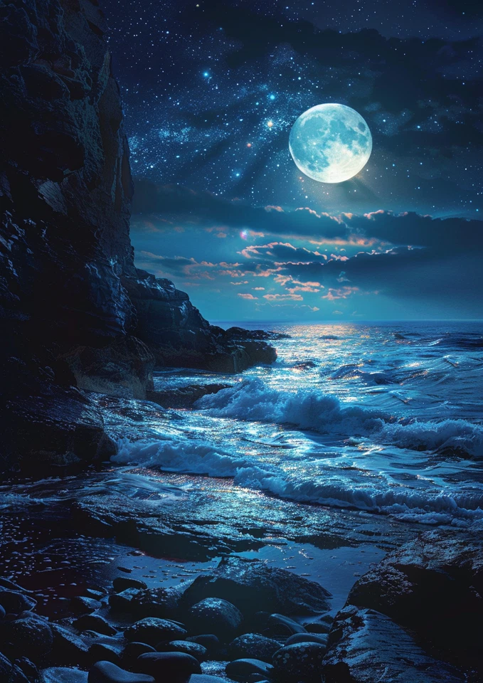 Impresión de decoración de arte de pared Ocean Sunset con luna y faro foto de 8,5x11 Foto 1 de 1