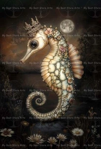 ROYAL SEAHORSE ART PRINT, Animal Wall Decor, Beach Ocean Flowers Decor E752 - Picture 1 of 2