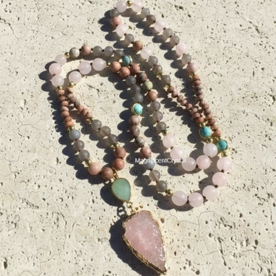 Rare Raw Rose Quartz Mala Hand-Knotted Arrowhead Charm Healing Women Necklace - Image 1 of 4
