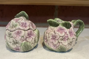 Small Mini Hydrangea Raised Violet Flowers & Green Leaves Sugar Bowl & Creamer - Picture 1 of 14