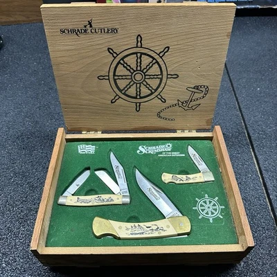 Juego de 3 cuchillos Schrade Scrimshaw vintage años 80 SC505 SC507 SC513 EE. UU. edición limitada Foto 1 de 4