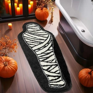 Halloween Bathroom Rug Black and White Horror Decorations Non Slip Coffin Bat... - Foto 1 di 8