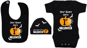 Personalisiertes My First Halloween Strampler T-Shirt, Fütterungslätzchen & Hut gruselige Spinne - Bild 1 von 10