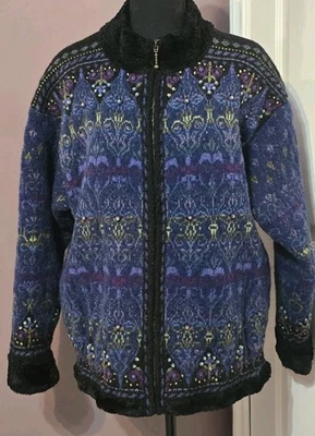 VTG Icelandic Design Jacket Women SZ 2X Wool Cardigan Full Zip Blue Floral~Lined - Image 1 of 4