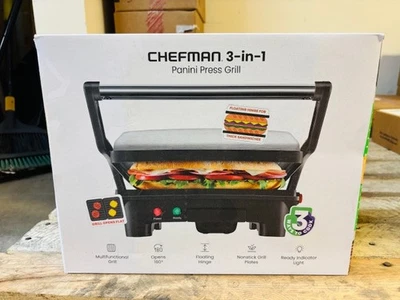 Prensa y parrilla Chefman 3 en 1 Panini antiadherente, abre plana de acero inoxidable Foto 1 de 4