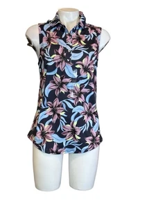 Women's Bad Birdie Polo Shirt Size M Black Floral Sleeveless - Picture 1 of 4
