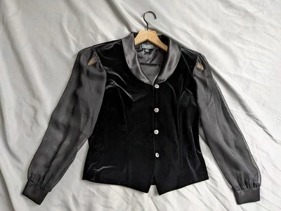 Dressbarn Top Womens Size M Black Velvet Sheer Puff Sleeve Victorian Whimsical - Image 1 of 4