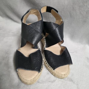 Eileen Fisher Willow Kanna Black Leather Jute Wedge Espadrille Sandals 7.5 - Picture 1 of 7